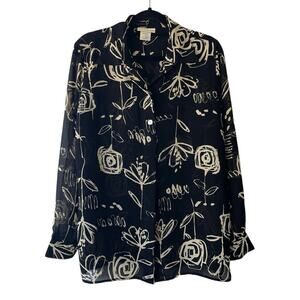 Vintage TravelSmith Black Tan Abstract Floral Sheer Button Up Top - Small